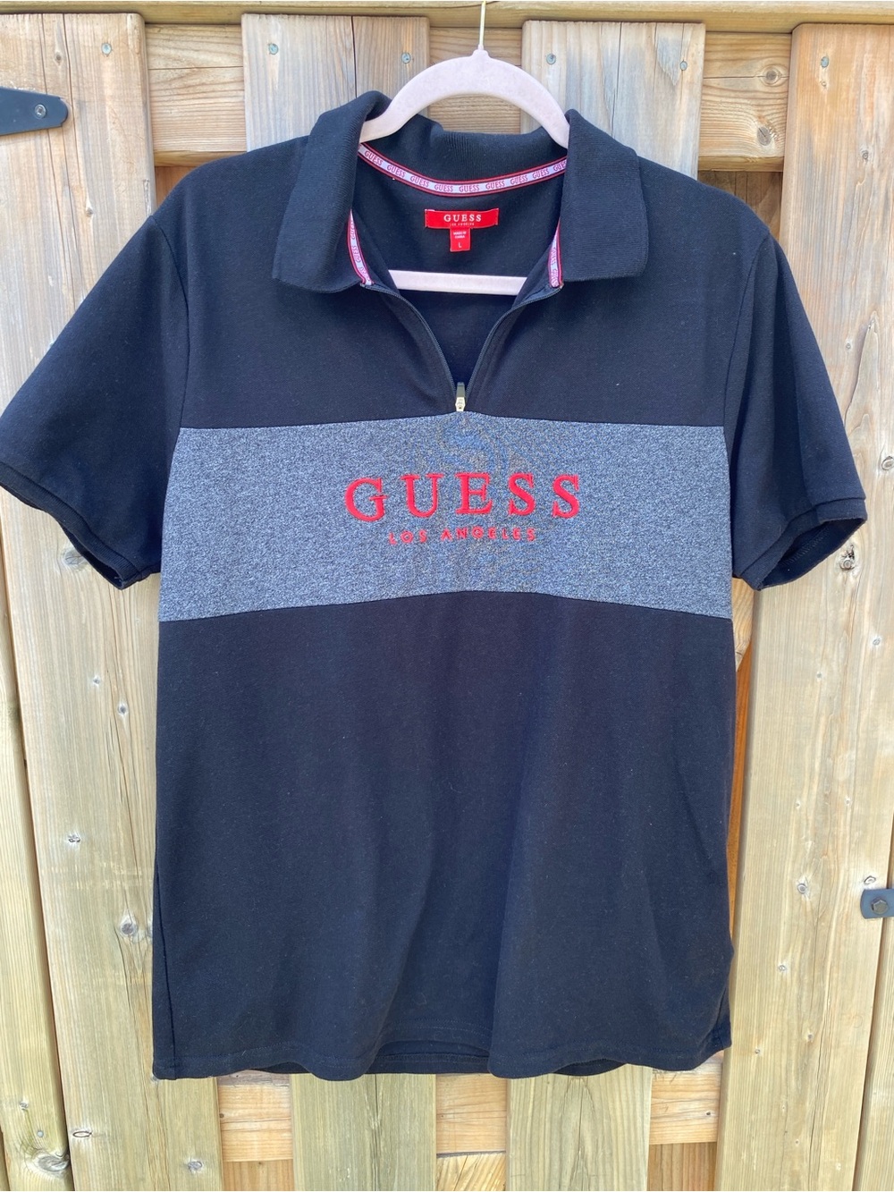 GUESS Black Polo with Grey Chest Stripe and Red Logo